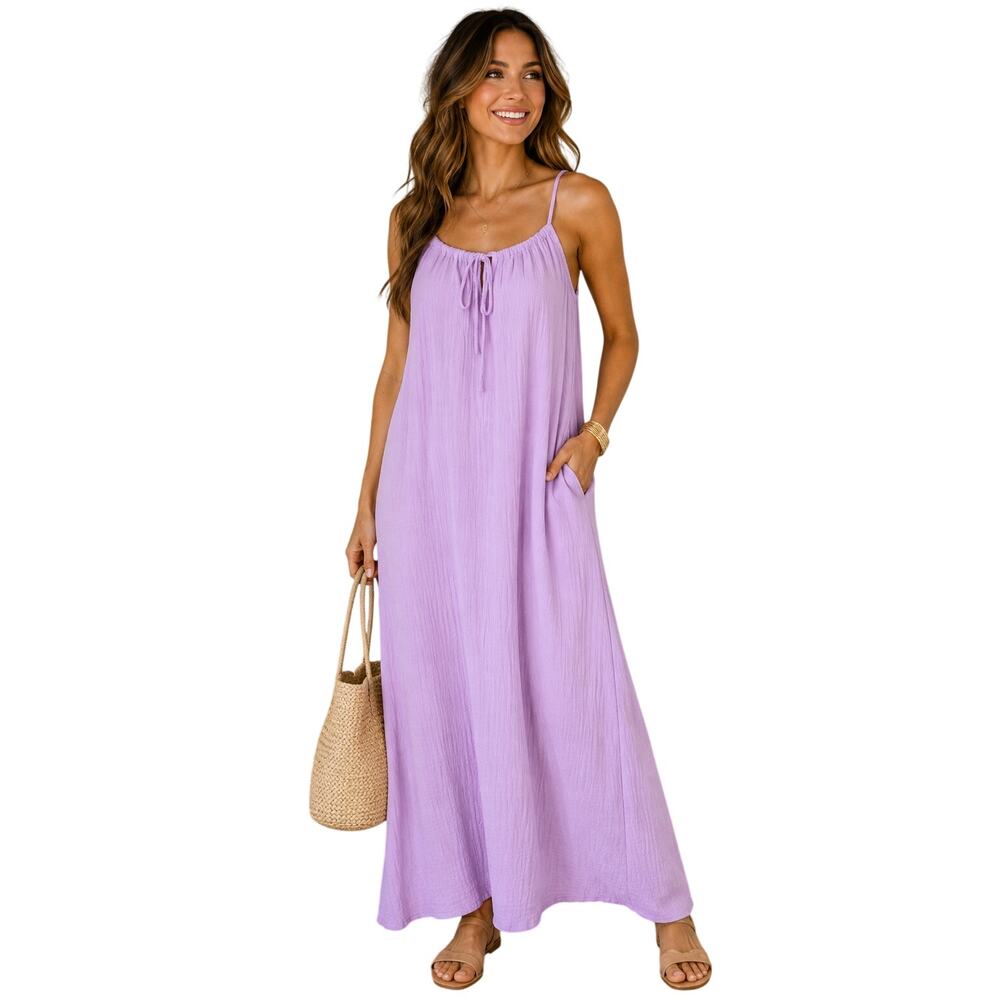 LOFT Outlet Women's Lavender Cotton Maxi Dress Adjustable Straps Pockets Size L